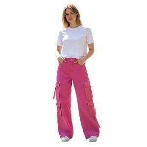Hot Pink Cargo Jeans Wide Leg High Waisted Denim Pants